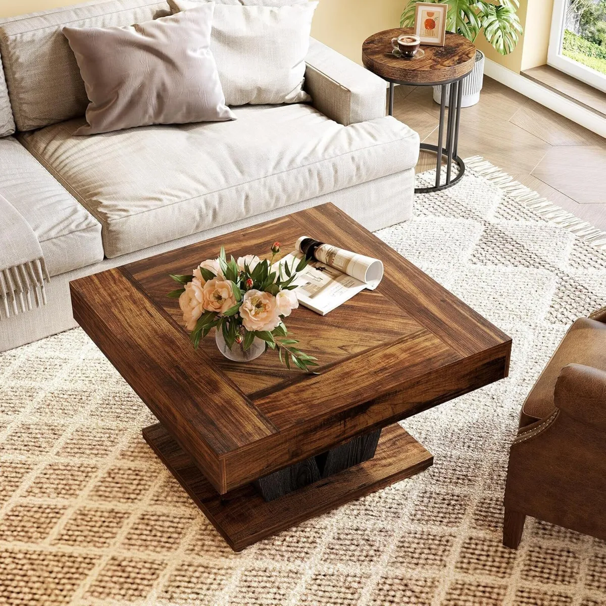 Square Coffee Table Modern Rustic for Living Room - Image 2
