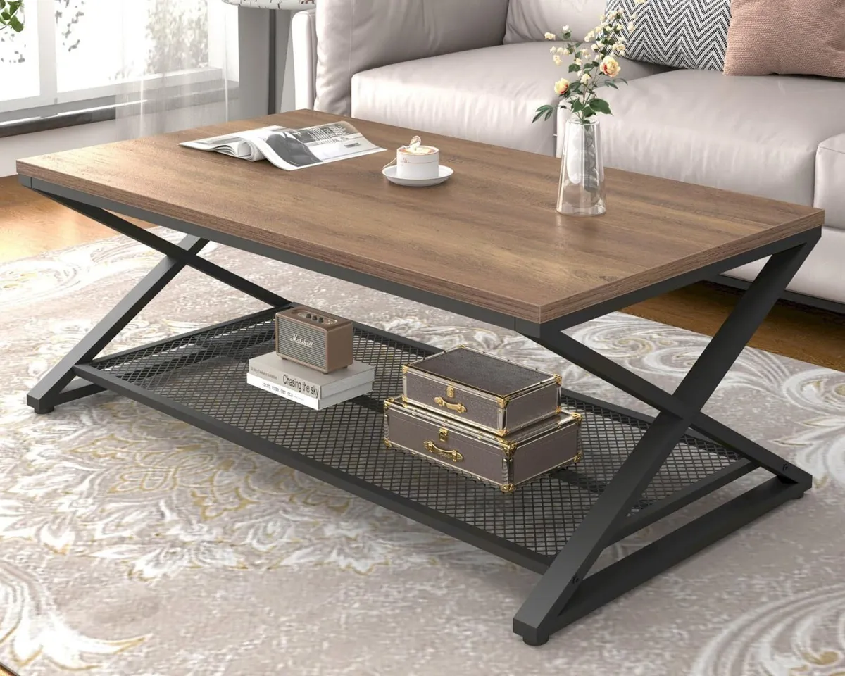 2 Tier Coffee Table Industrial Wood Metal Center - Image 1