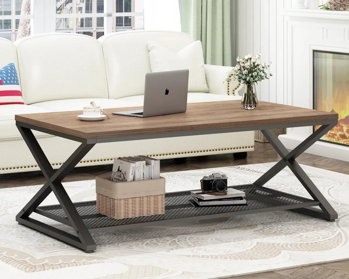 2 Tier Coffee Table Industrial Wood Metal Center - Image 3