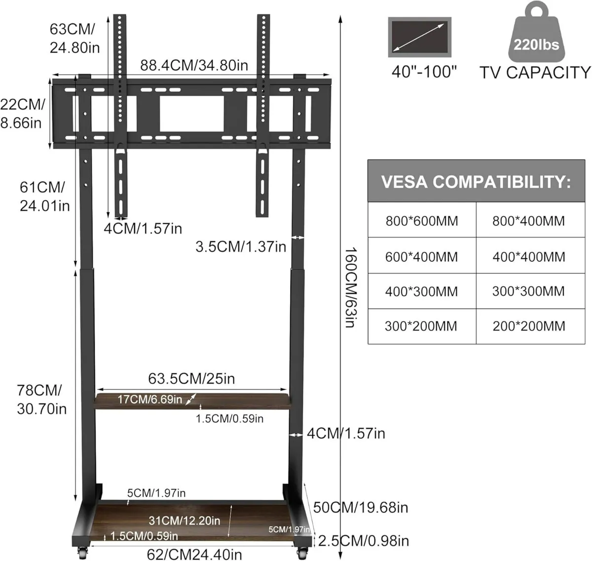 Mobile TV Stand with Wheels for 40-100 Inch - Image 2