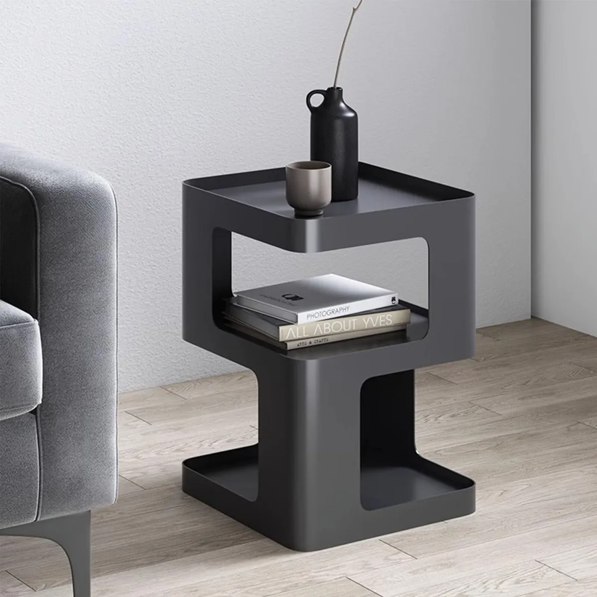 side table modern end with storage black metal - Image 2