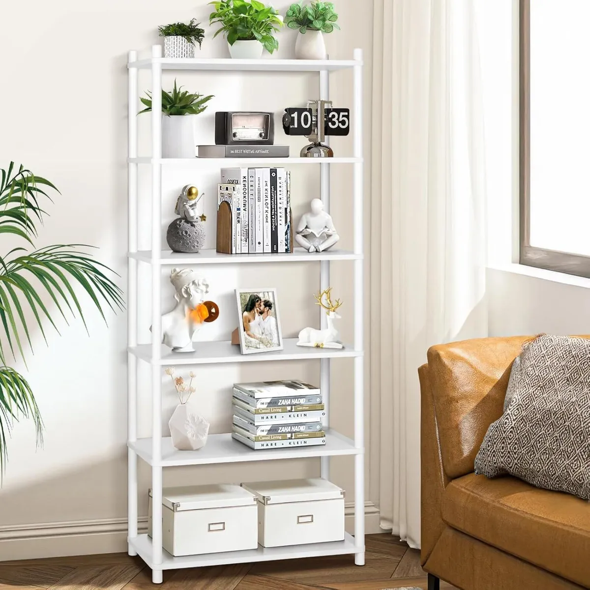6 Tier Bookshelf White Shelving Unit Tall Storage - Image 1