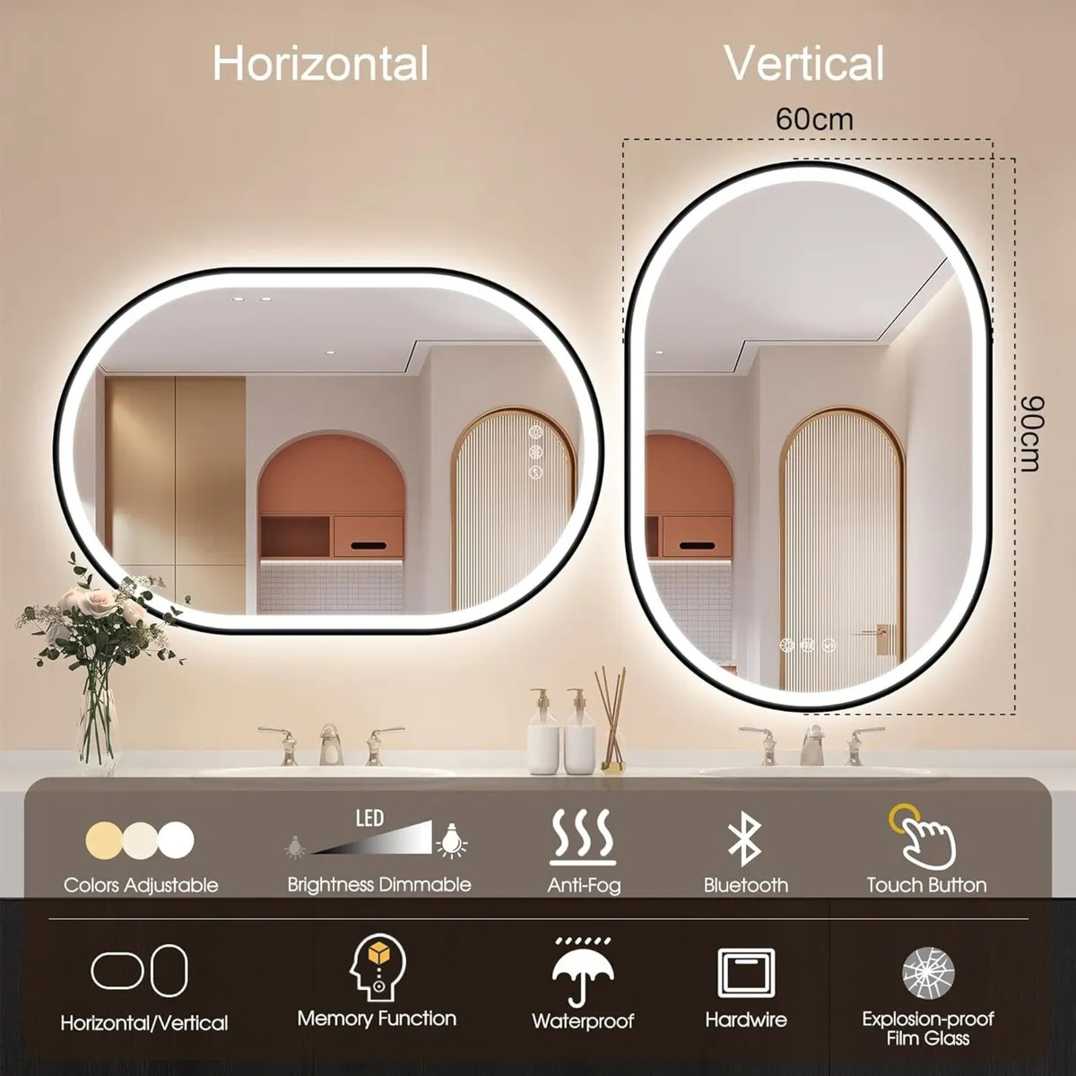 900x600 mm Oval-Bathroom-Mirror-with-LED-Lights - Image 2