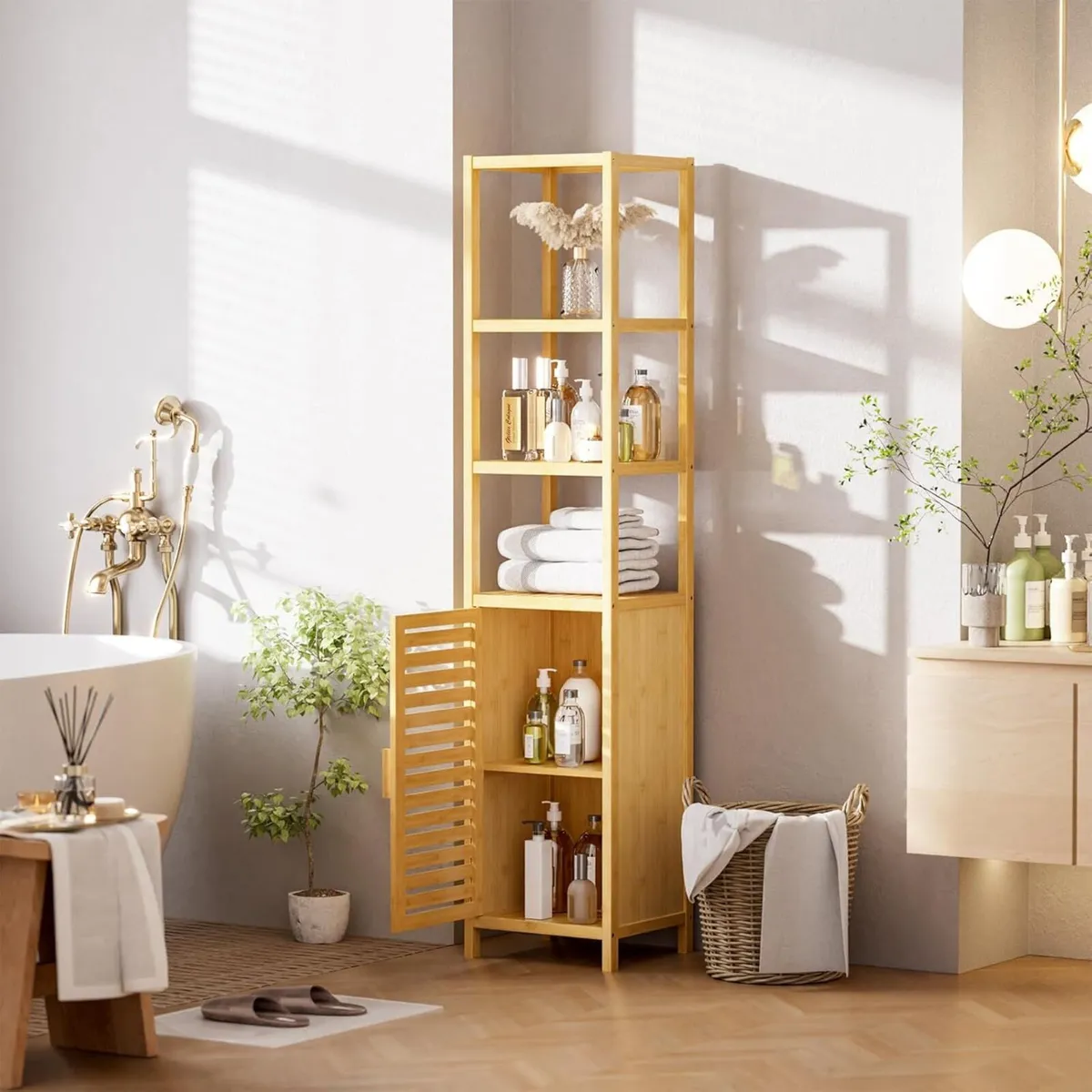 Bathroom Storage Cabinet 6-Tier Bamboo Tall - Image 2
