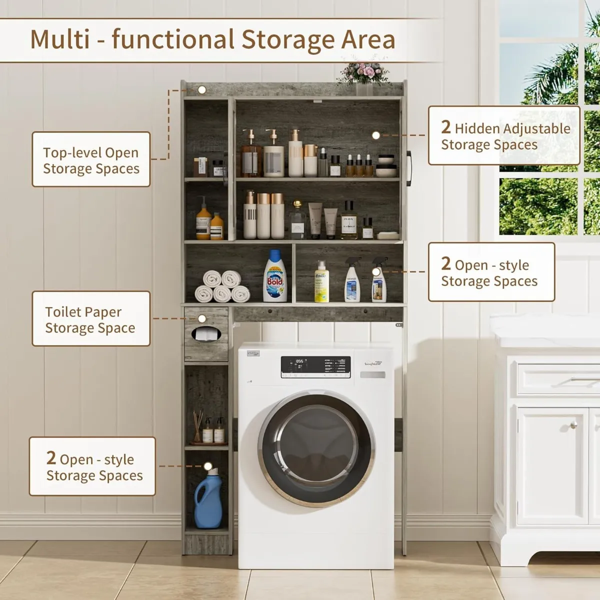 Over Toilet Storage Unit Bathroom Cabinet with - Image 4