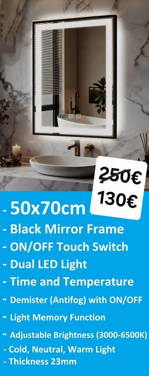 LED Bathroom Mirror Black Antifog Dual LED Time - Image 1