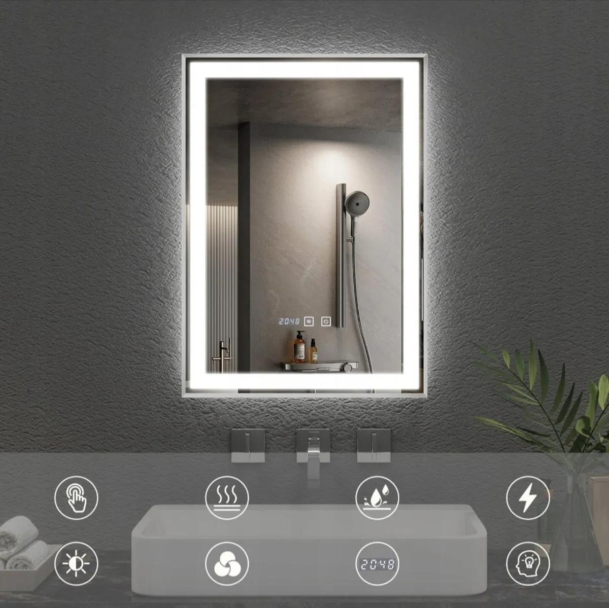 LED Bathroom Mirror Dual LED Demister Time Touch - Image 1