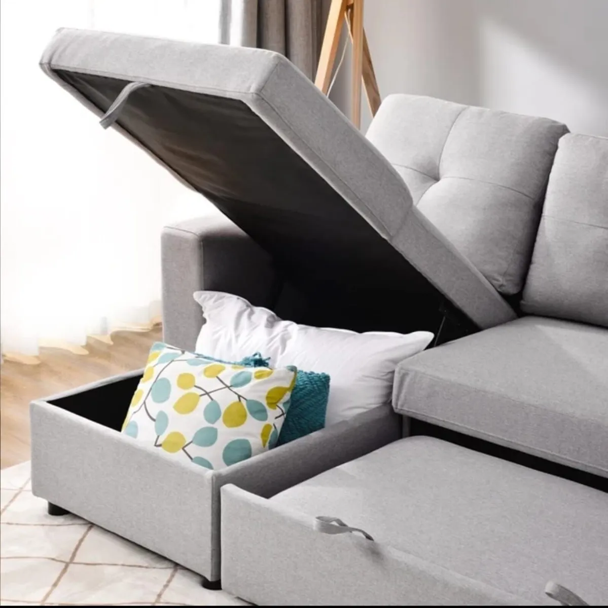 Light grey velvet Corner Sofa Bed with Storage - Image 1