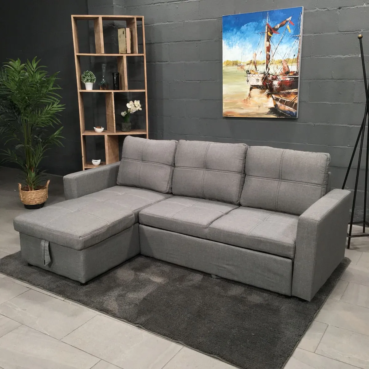 Light grey velvet Corner Sofa Bed with Storage - Image 3