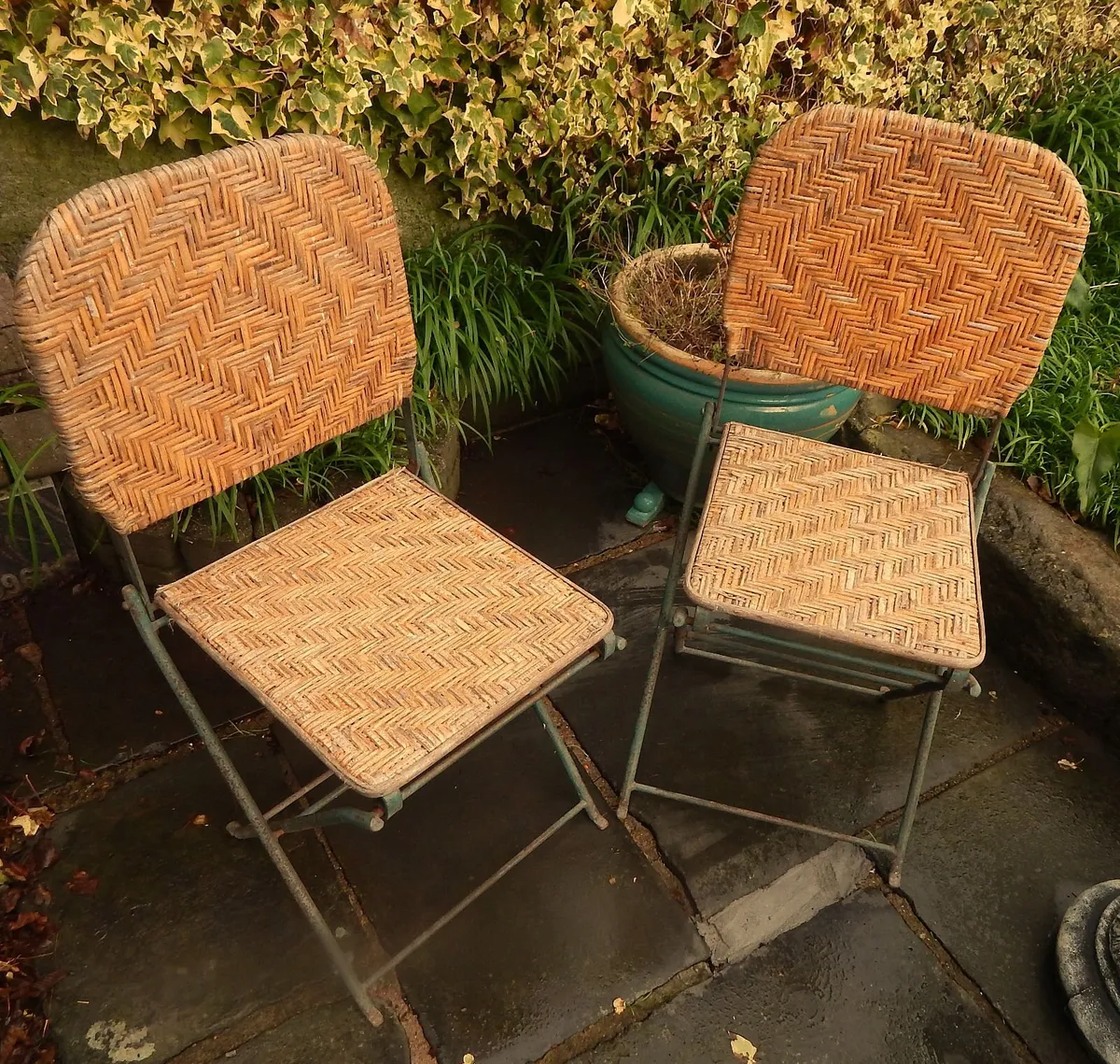 2 Garden Hand Made Metal & Rattan Folding Chairs - Image 1