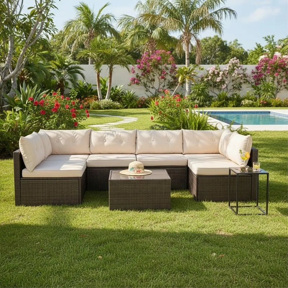 MIAMI Luxury Rattan Garden Corner Sofa Set with Table Outdoor Patio Furniture - Image 4