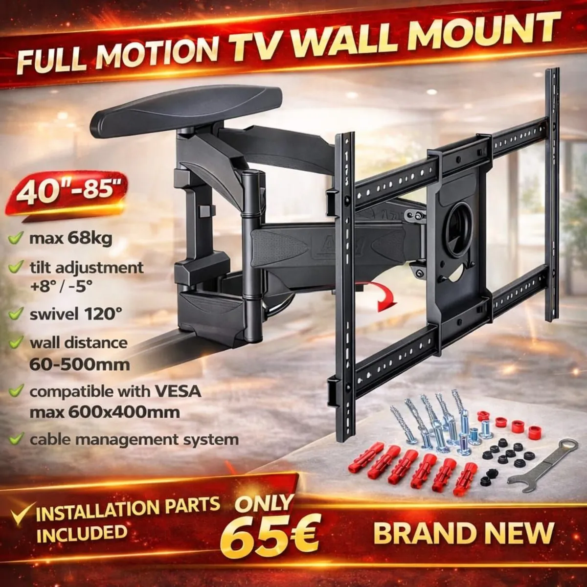 TV Wall Mount Bracket Tilt Swivel 40" - 85" TV - Image 1
