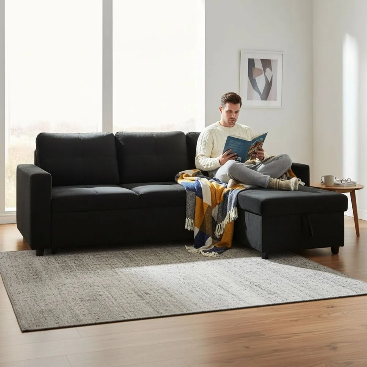 Black velvet Corner Sofa Bed Storage, 215cm - Image 1