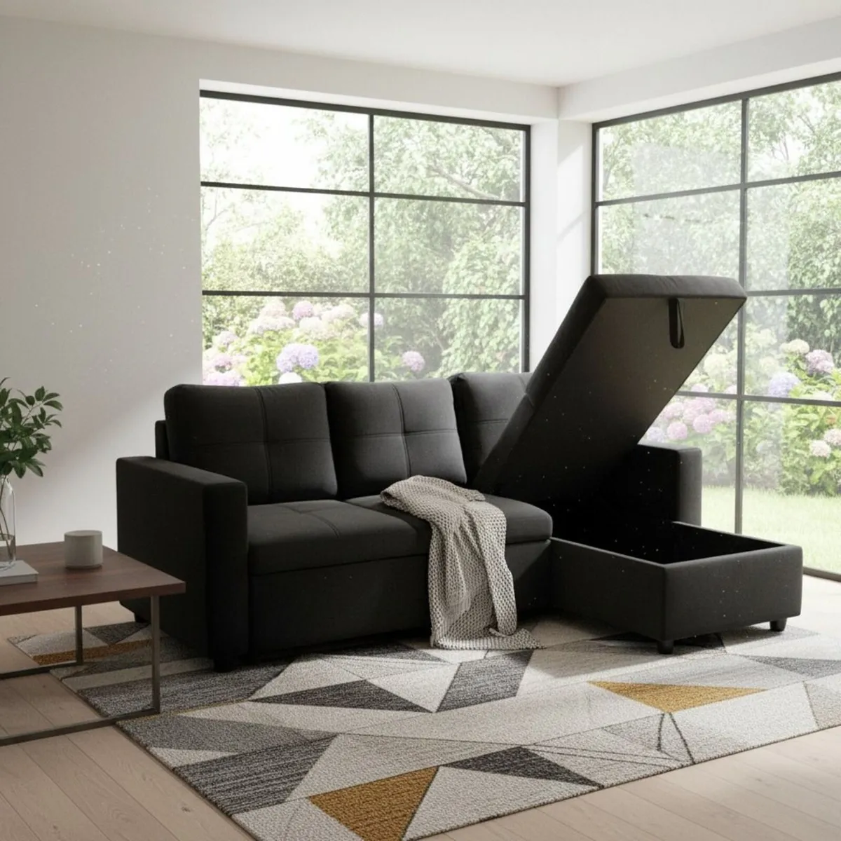 Black velvet Corner Sofa Bed Storage, 215cm - Image 2