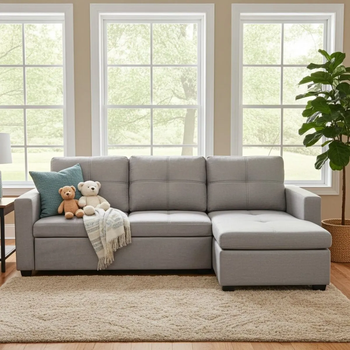 Light grey velvet Corner Sofa Bed with Storage - Image 1