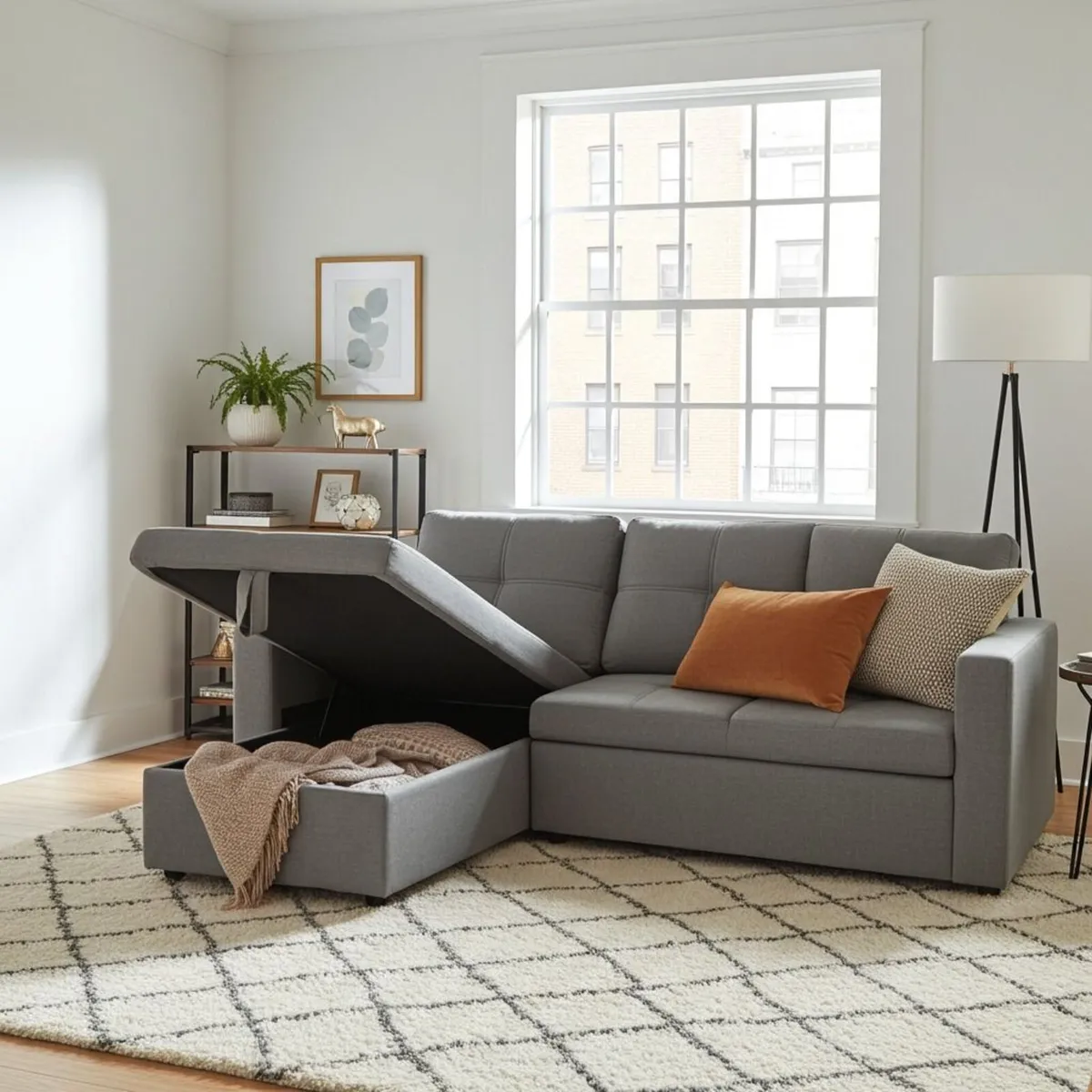 Light grey velvet Corner Sofa Bed with Storage - Image 2