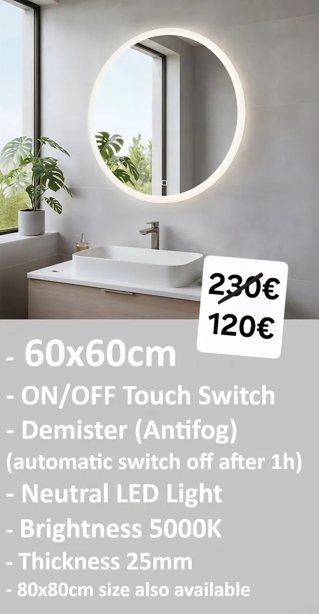 LED Bathroom Mirror Round 60cm Antifog - Image 1