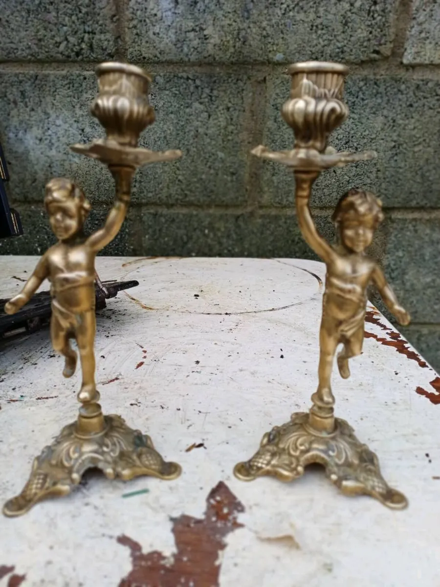 1950/60s Brass Cherub Candlesticks - Image 1