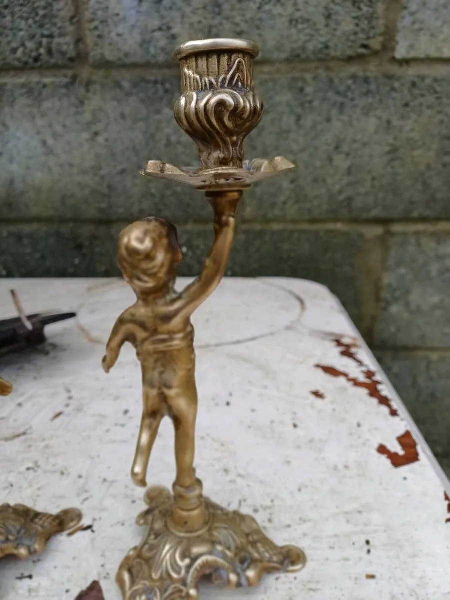 1950/60s Brass Cherub Candlesticks - Image 4