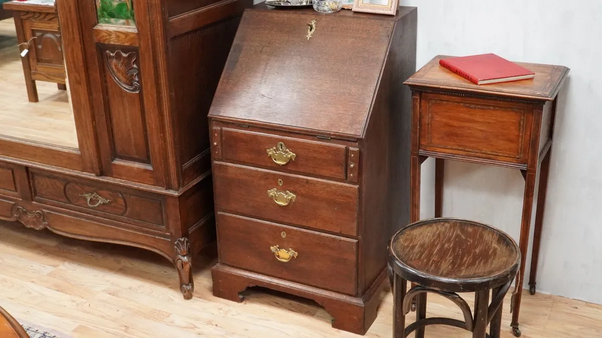 Victorian Solid Oak Drop-Front Bureau Writing Desk - Image 1