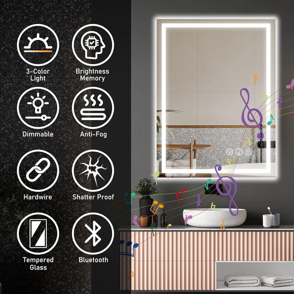 Bluetooth LED Bathroom Wall Mirror with Lights - - Image 4