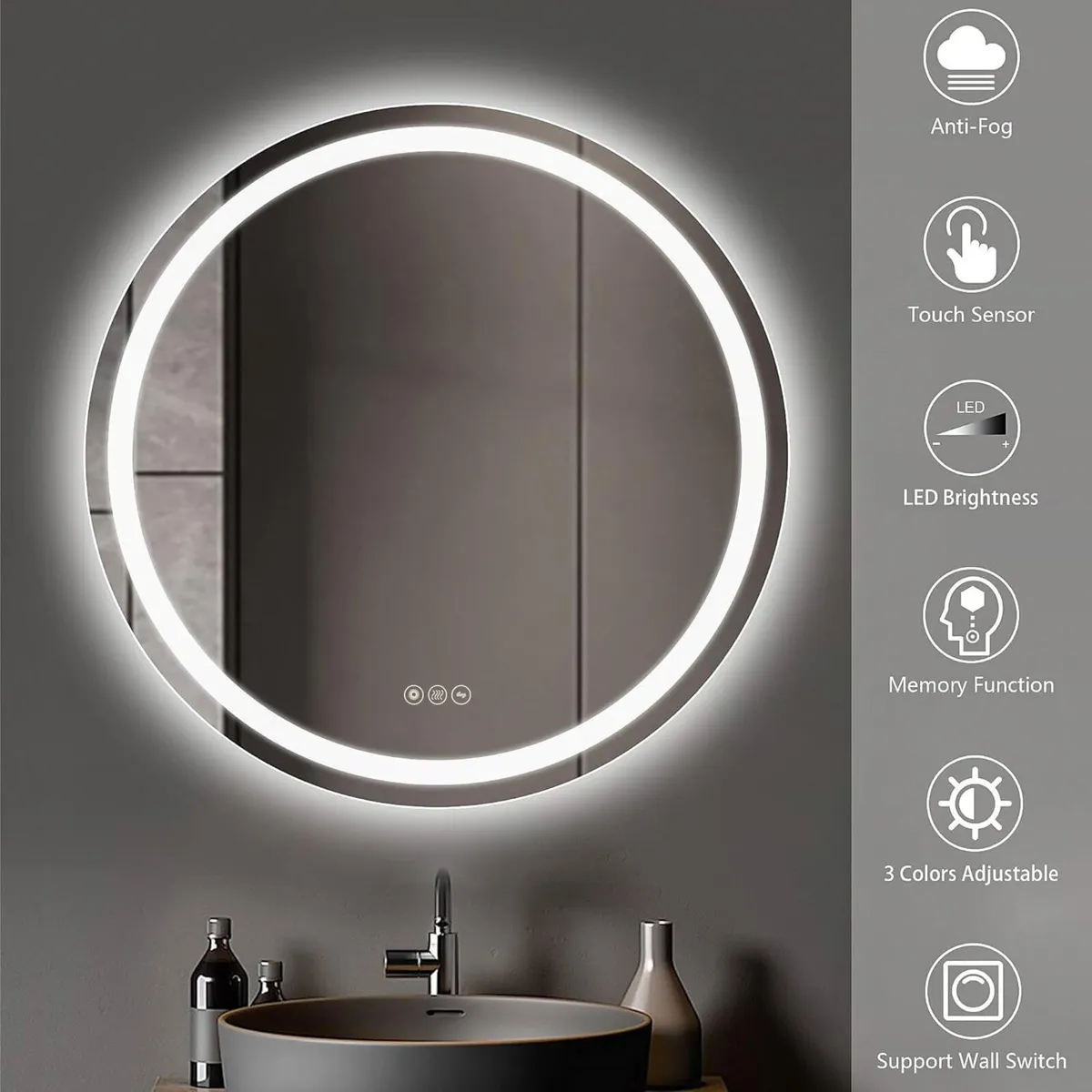 600mm Round Bathroom LED Mirror Illuminated - Image 3