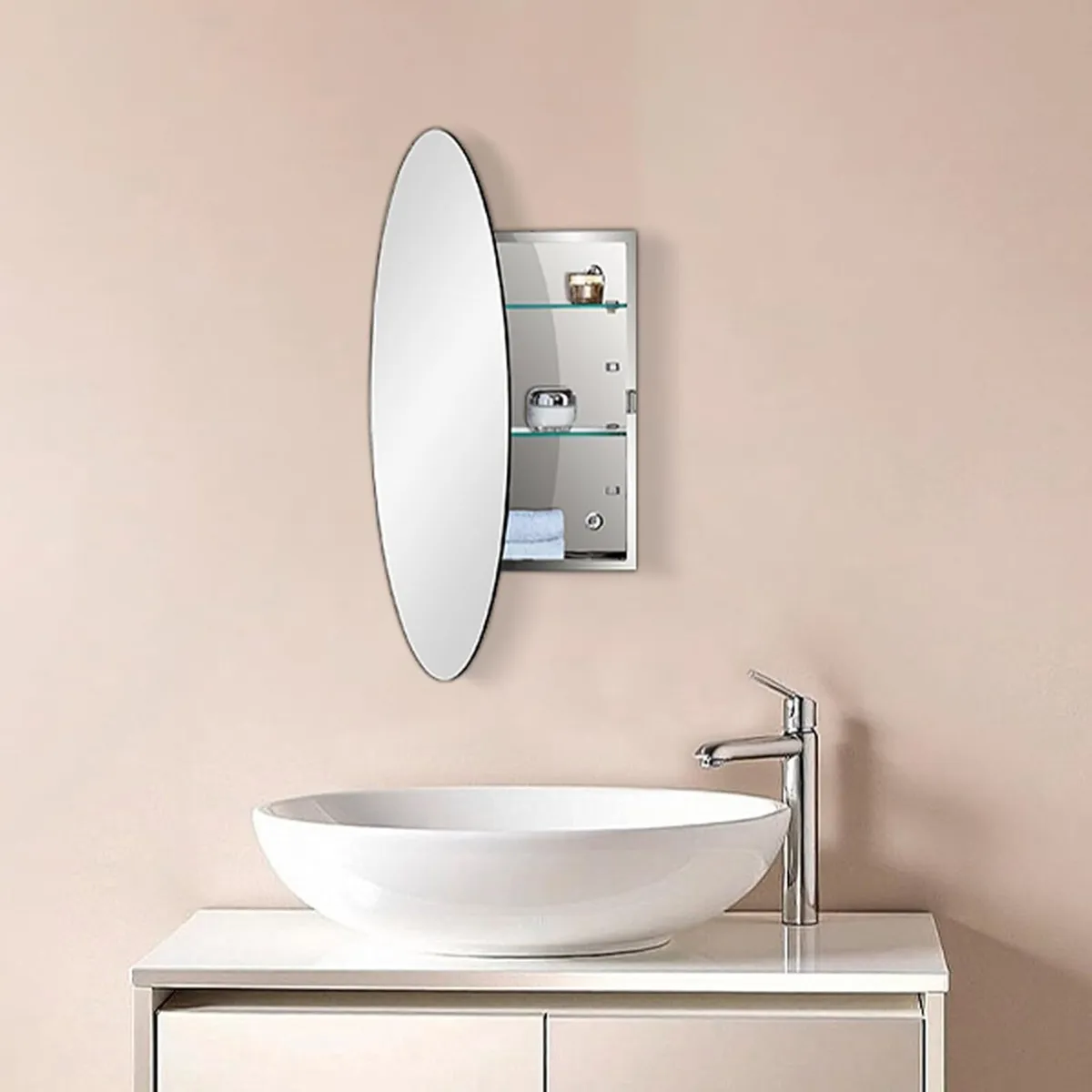 Bathroom Mirror Cabinet with Oval Mirrored Door - Image 2