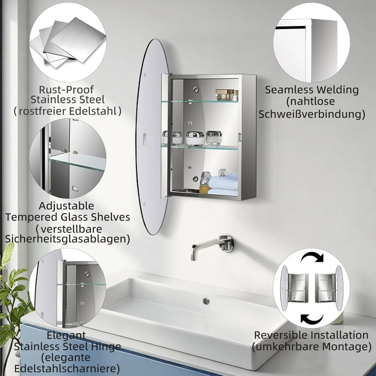 Bathroom Mirror Cabinet with Oval Mirrored Door - Image 3