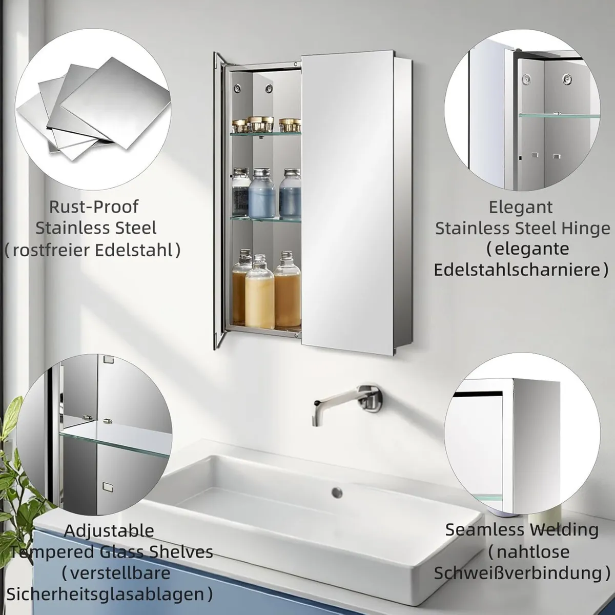 Stainless Steel Bathroom Mirror Cabinet with - Image 3