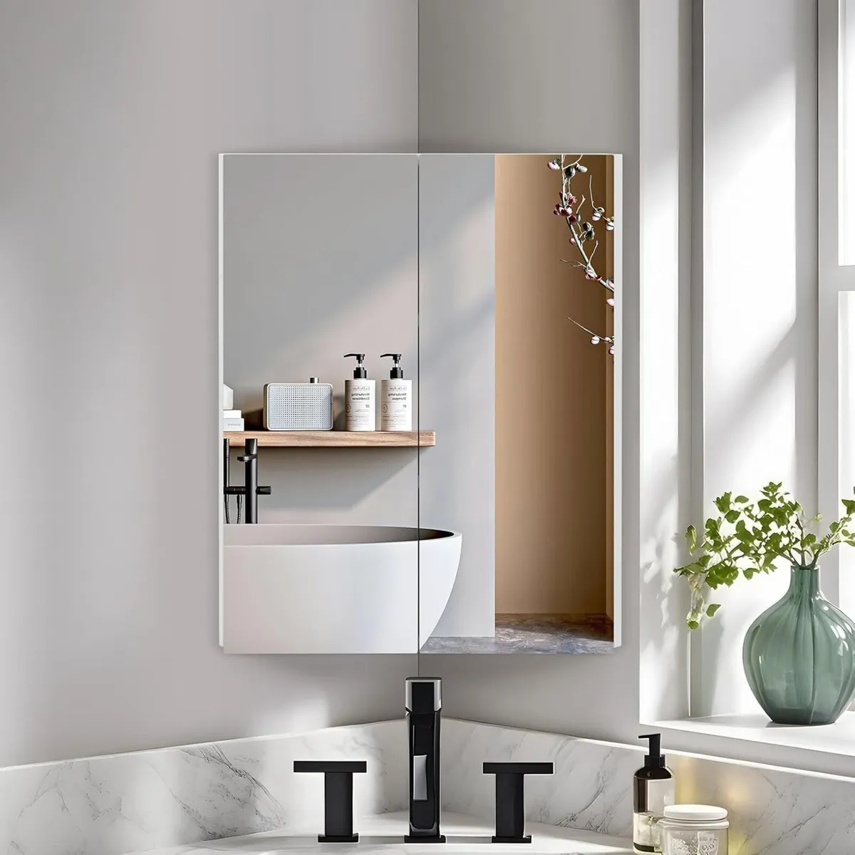 45x60cm Corner Bathroom Cabinets with Mirror - Image 1