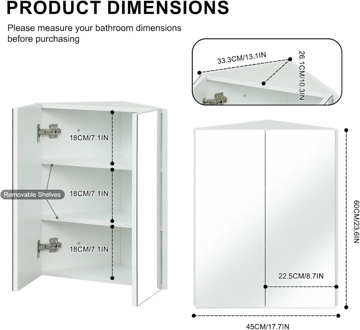 45x60cm Corner Bathroom Cabinets with Mirror - Image 2