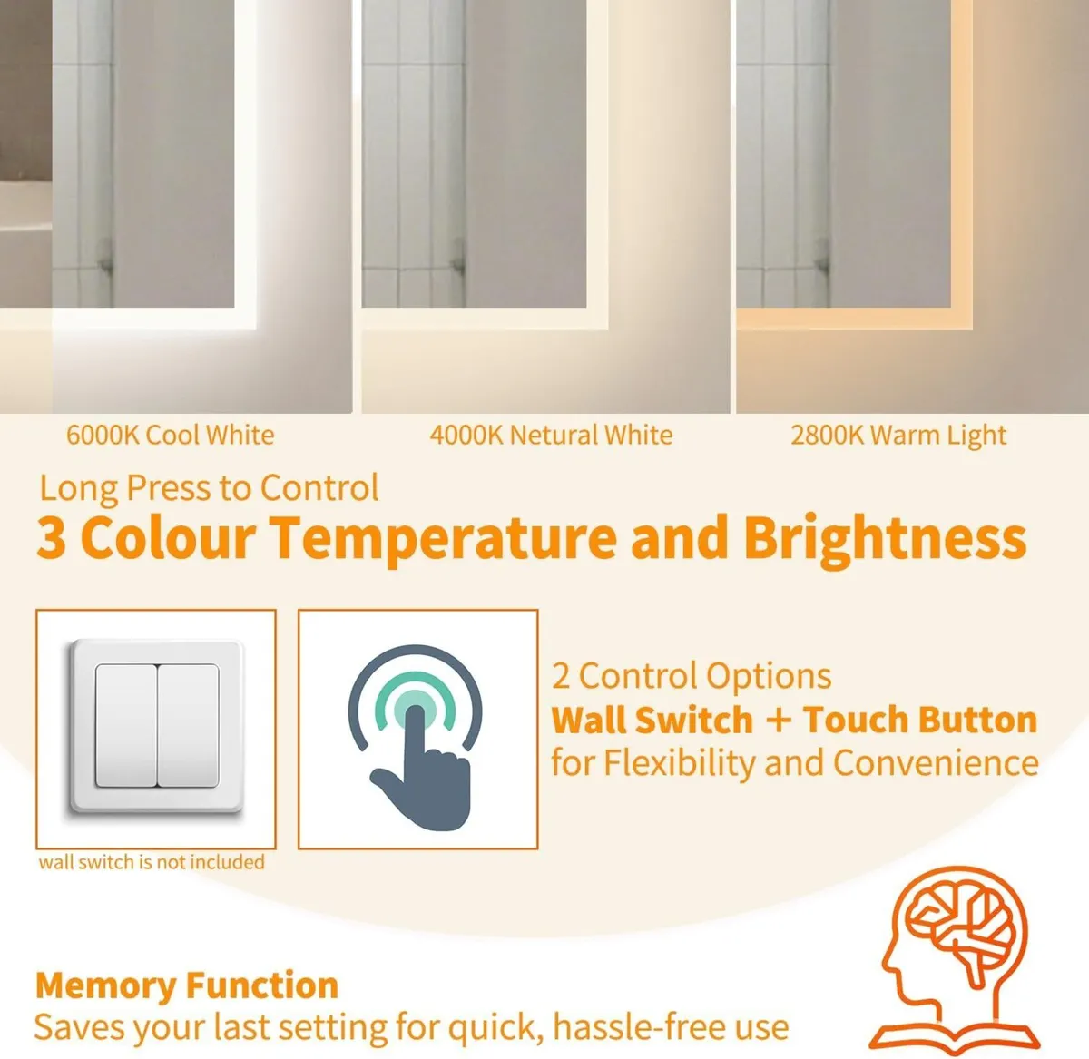 LED Bathroom Mirror 500 x 700 mm 3 Colour - Image 2