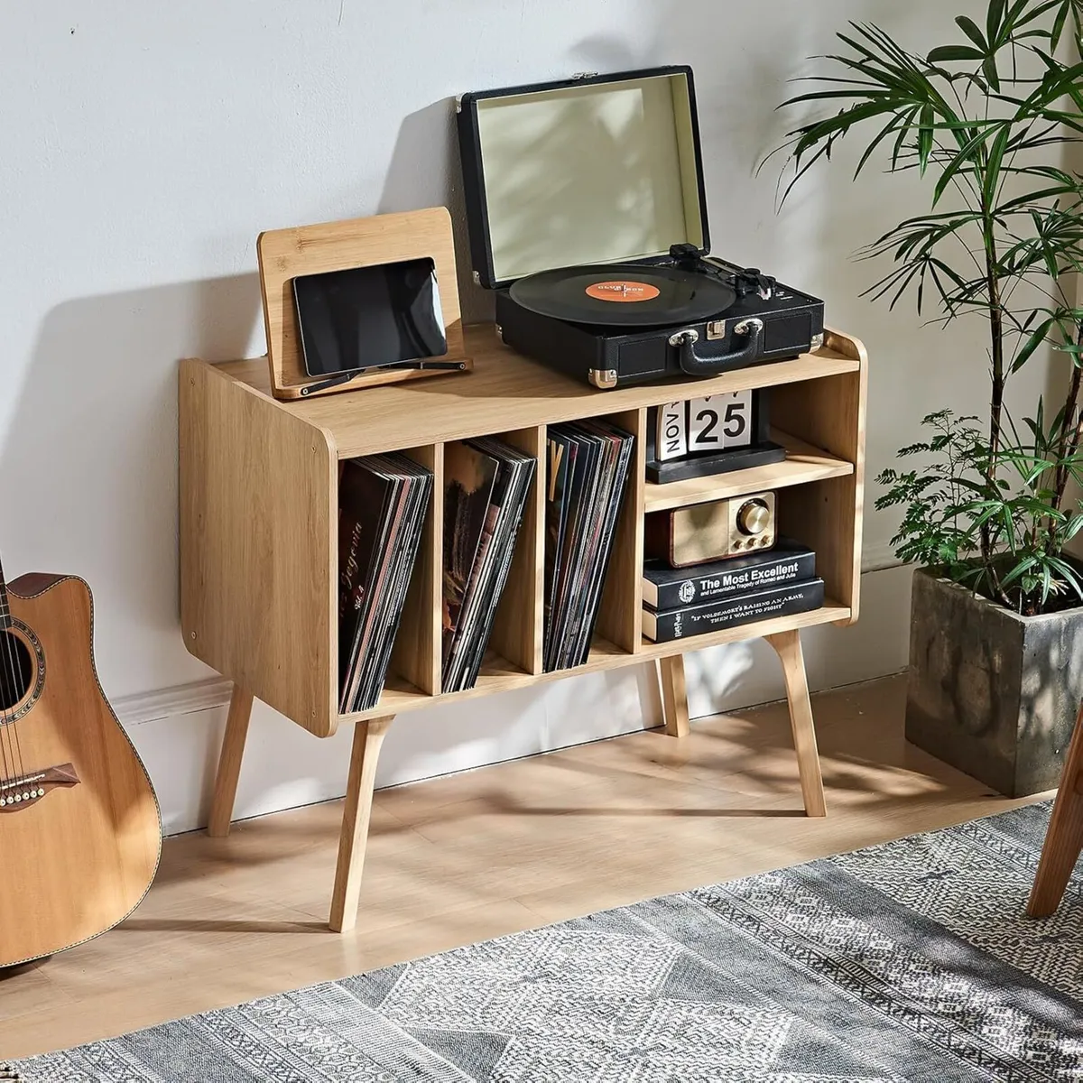 Natural Record Player Stand with 4 Cabinet Holds - Image 2