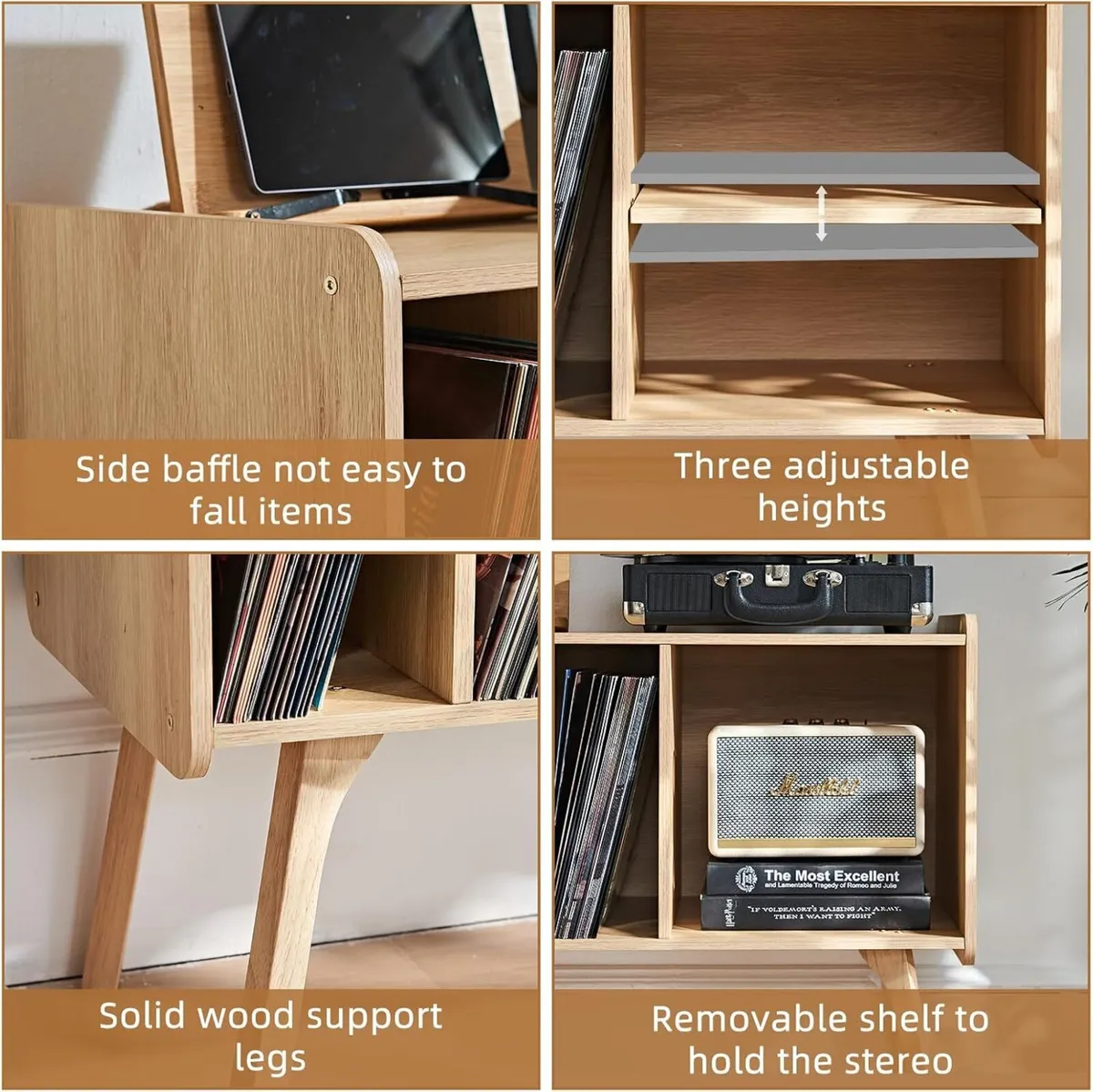 Natural Record Player Stand with 4 Cabinet Holds - Image 4