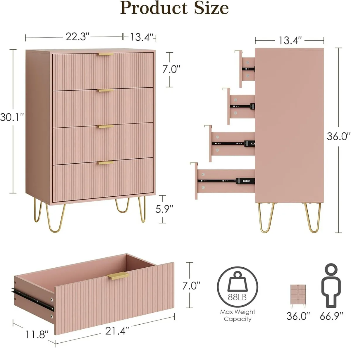 Pink Chest of 4 Drawers for Bedroom 60x34x91cm - Image 2