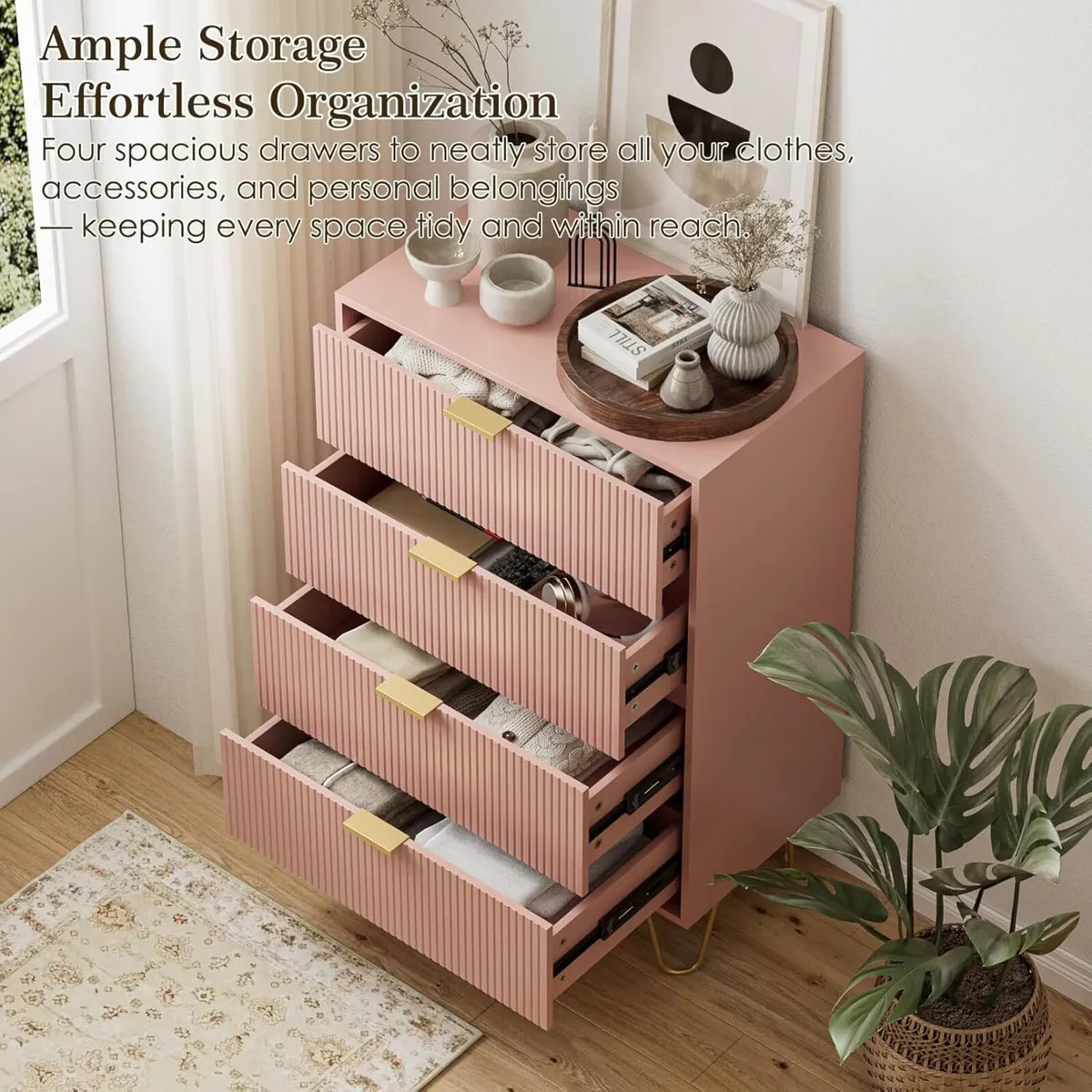 Pink Chest of 4 Drawers for Bedroom 60x34x91cm - Image 3