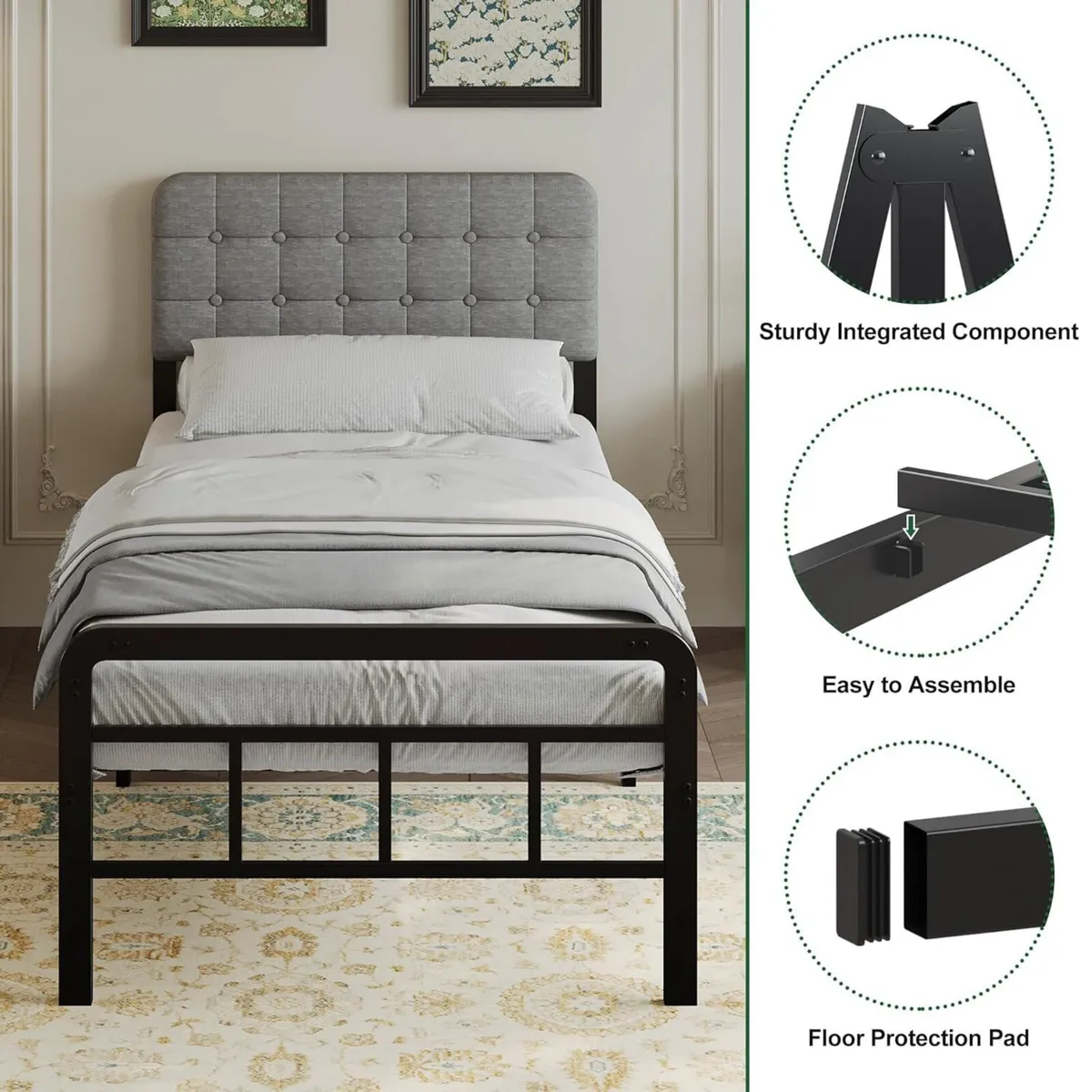 3ft Single Bed Frame with Upholstered Headboard - Image 4