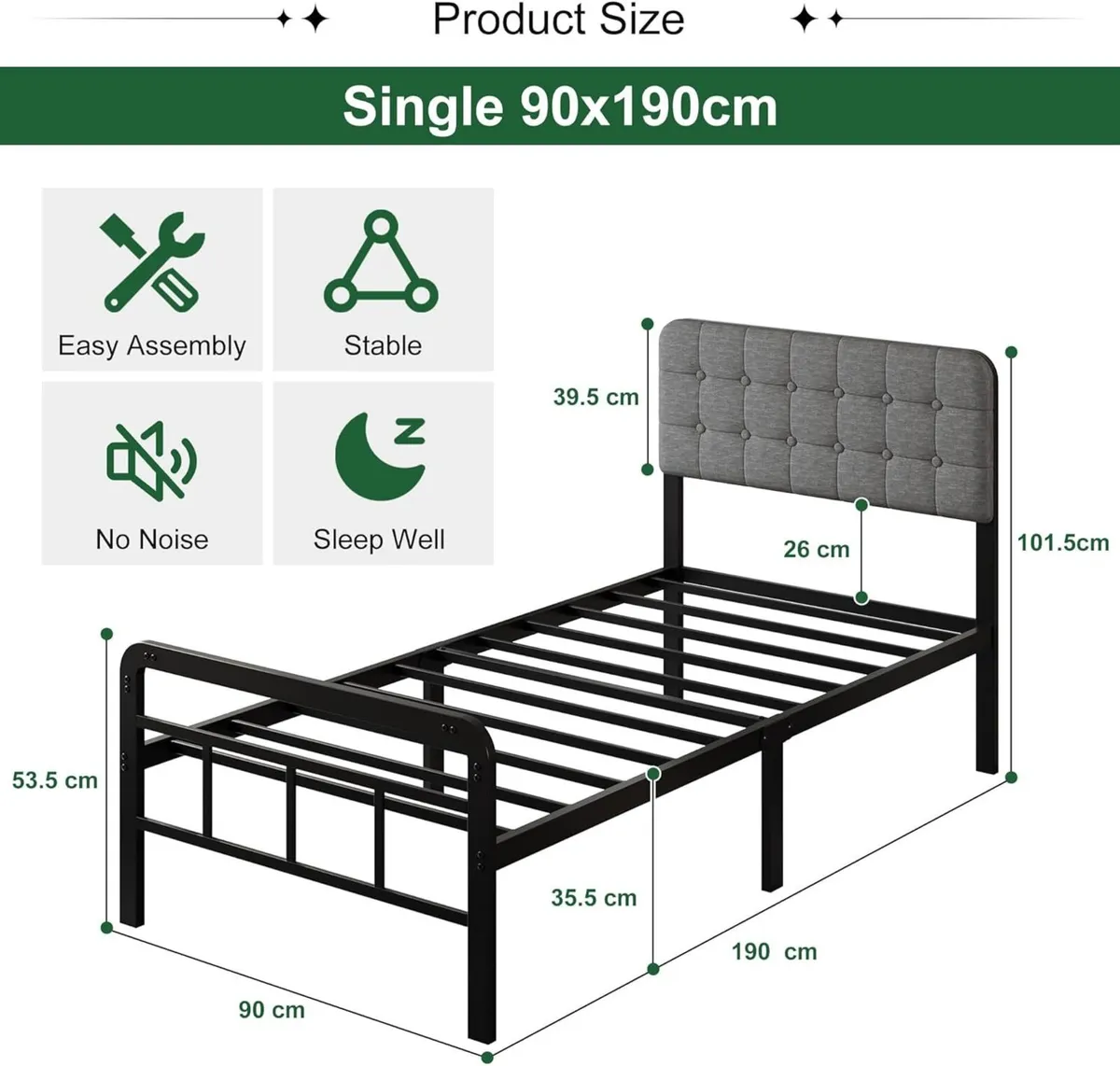 3ft Single Bed Frame with Upholstered Headboard - Image 2