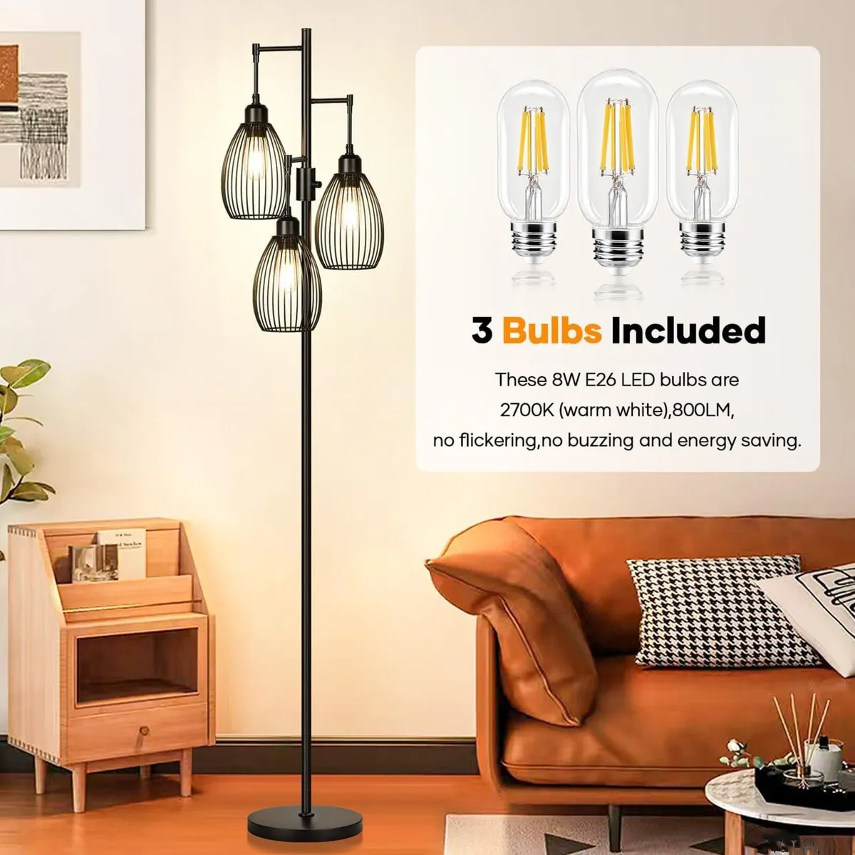 Dimmable Floor Lamp 3 x 800LM LED Edison Bulbs - Image 4
