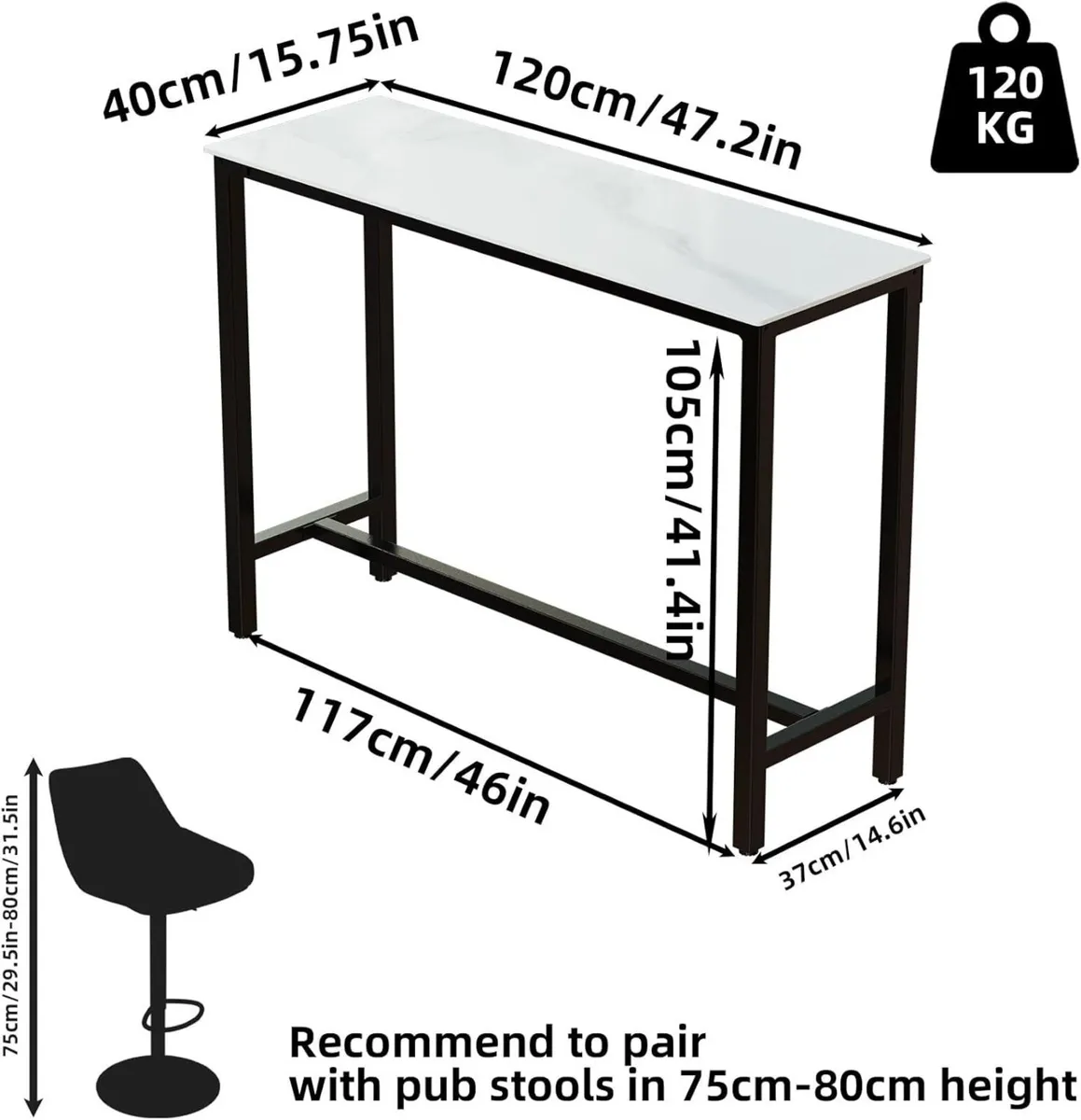 Bar Table Rectangle Sintered Stone: 120cm Long - Image 2