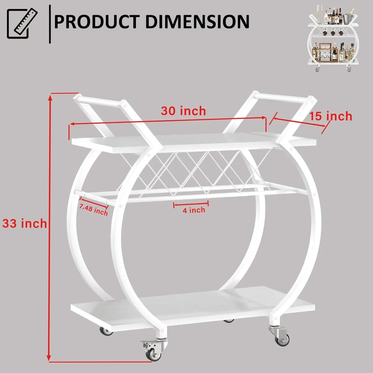 White Drinks Trolley 2 Tier Rolling Bar Cart - Image 3