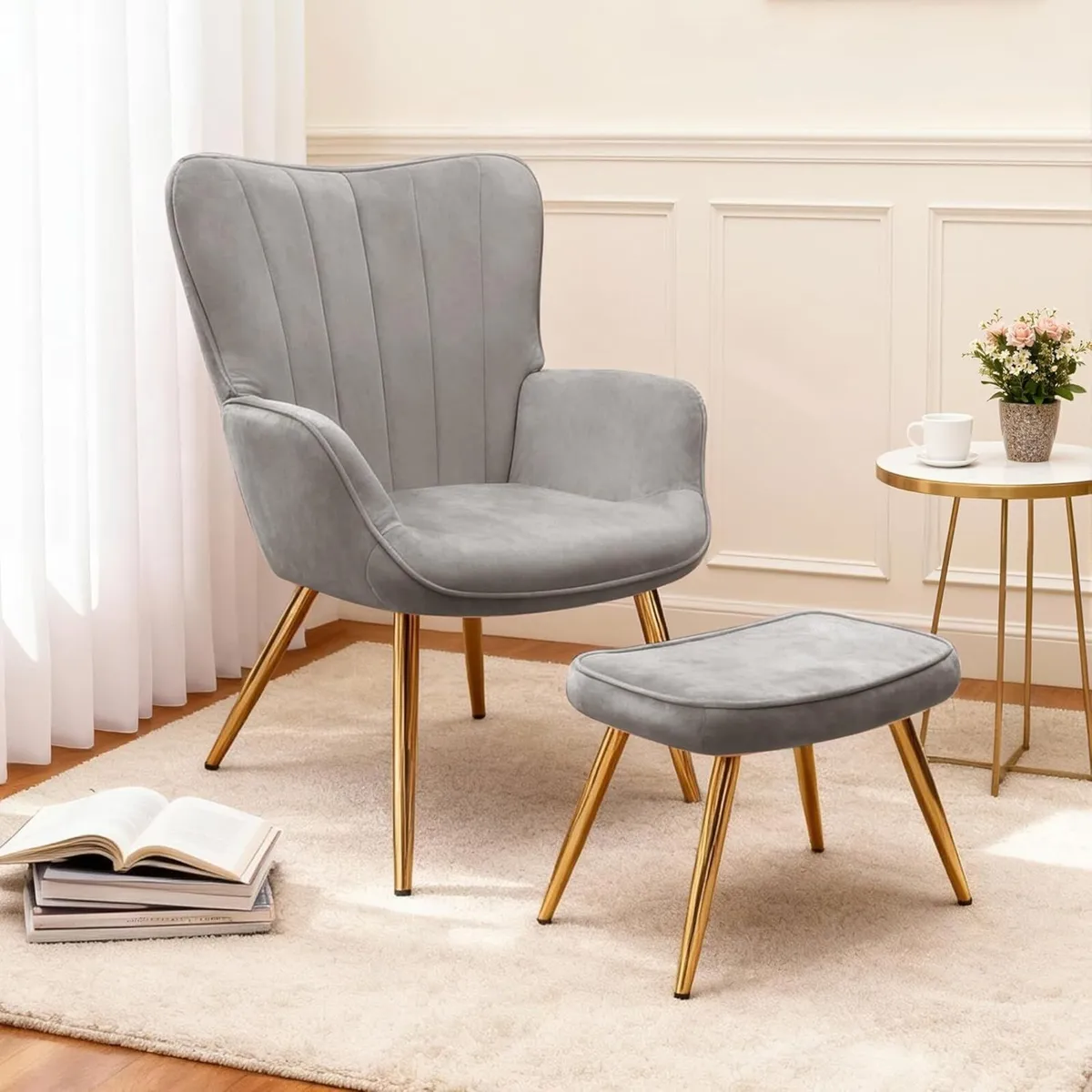 Modern Armchair with Footstool Wing Back Accent - Image 1