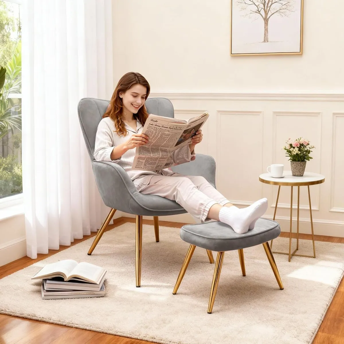 Modern Armchair with Footstool Wing Back Accent - Image 3