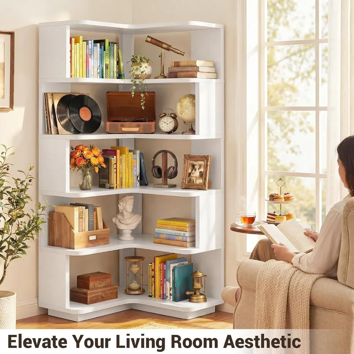 5-Tier Corner Bookshelf L-Shaped Bookcase - Image 2
