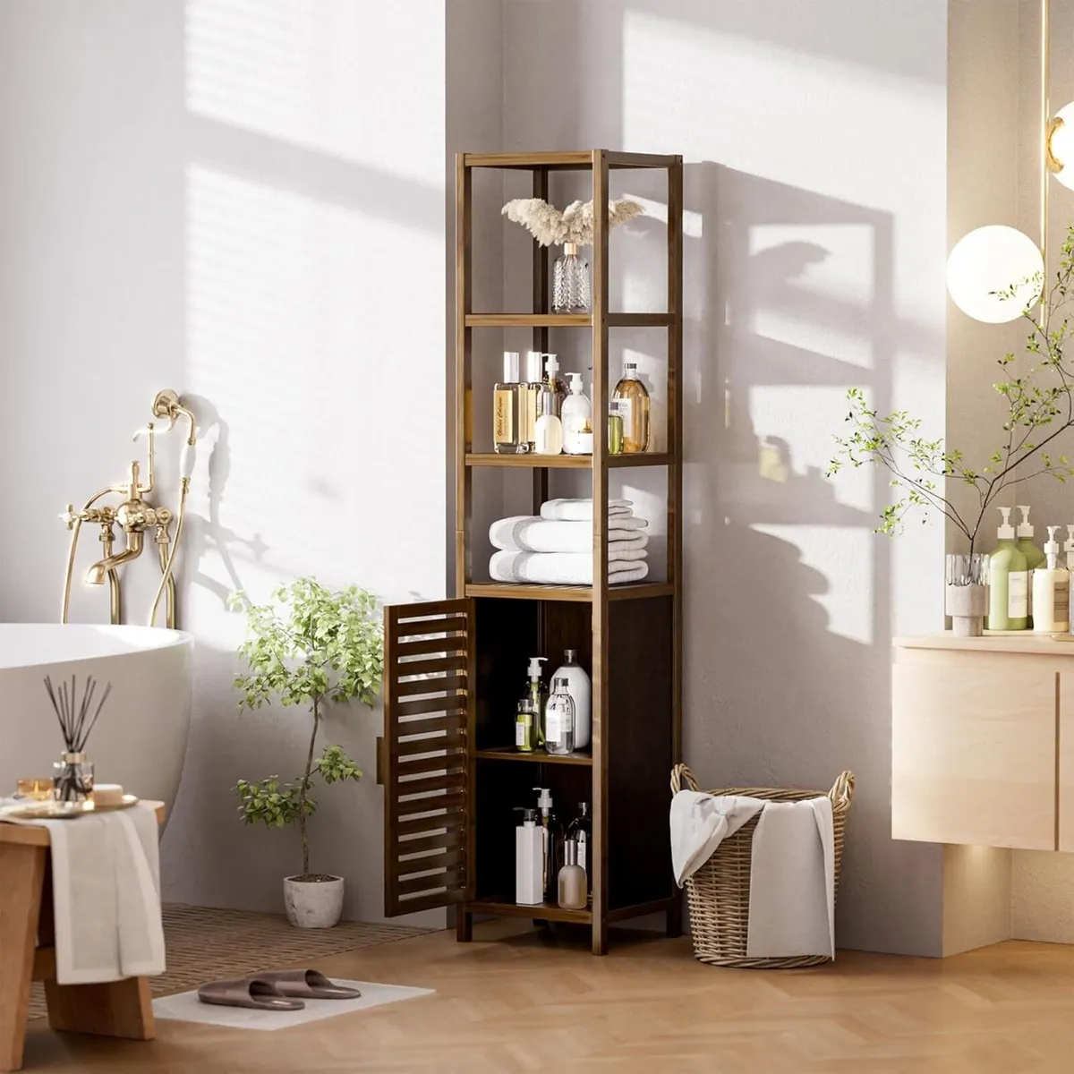 Bathroom Storage Cabinet Bamboo Tall Narrow Space - Image 2
