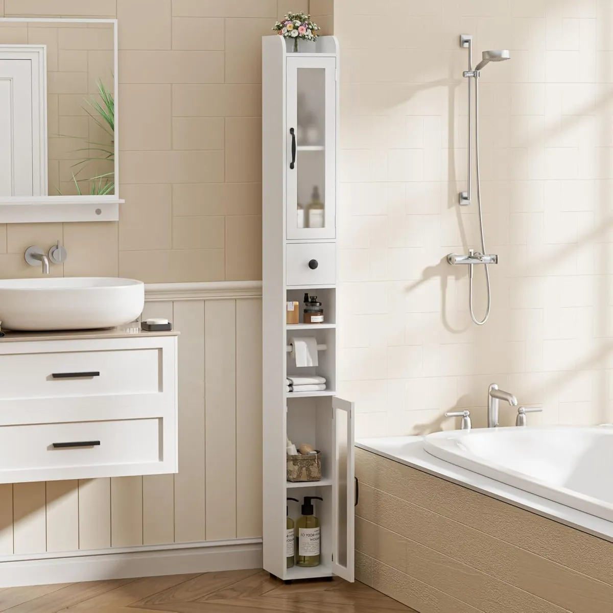 Tall Bathroom Storage Cabinet Slim Unit with - Image 1