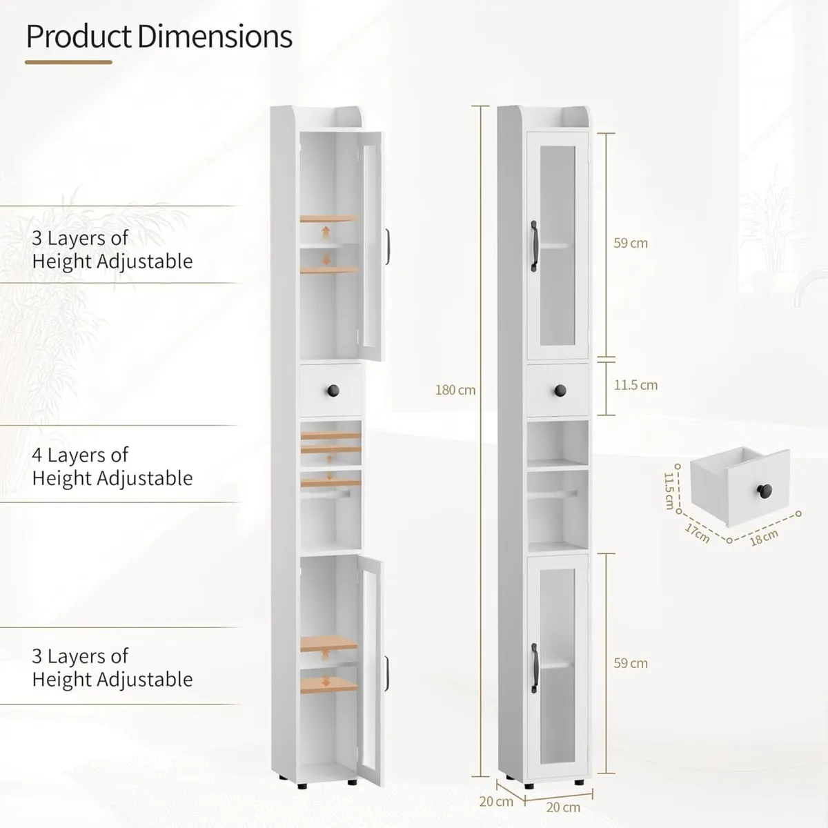 Tall Bathroom Storage Cabinet Slim Unit with - Image 2