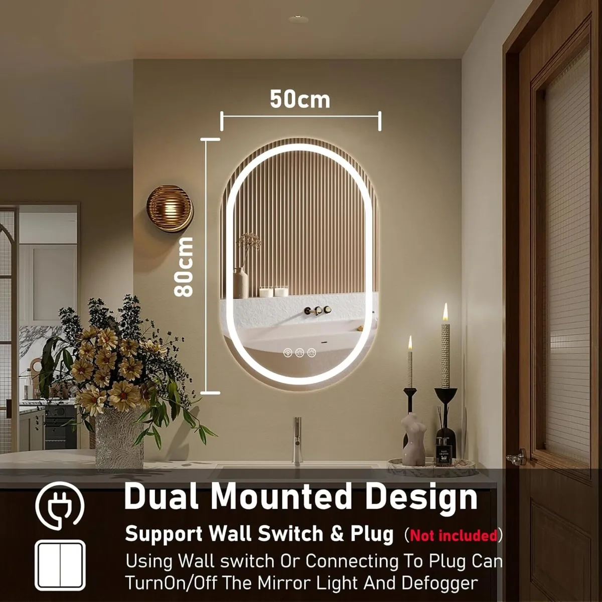 Oval LED Bathroom Mirror with Lights–500x800mm 3 - Image 2