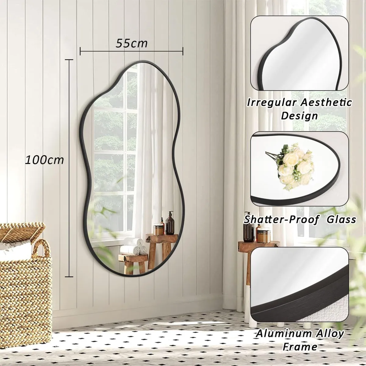 Large Bathroom Wall Mirror Black Irregular - Image 2