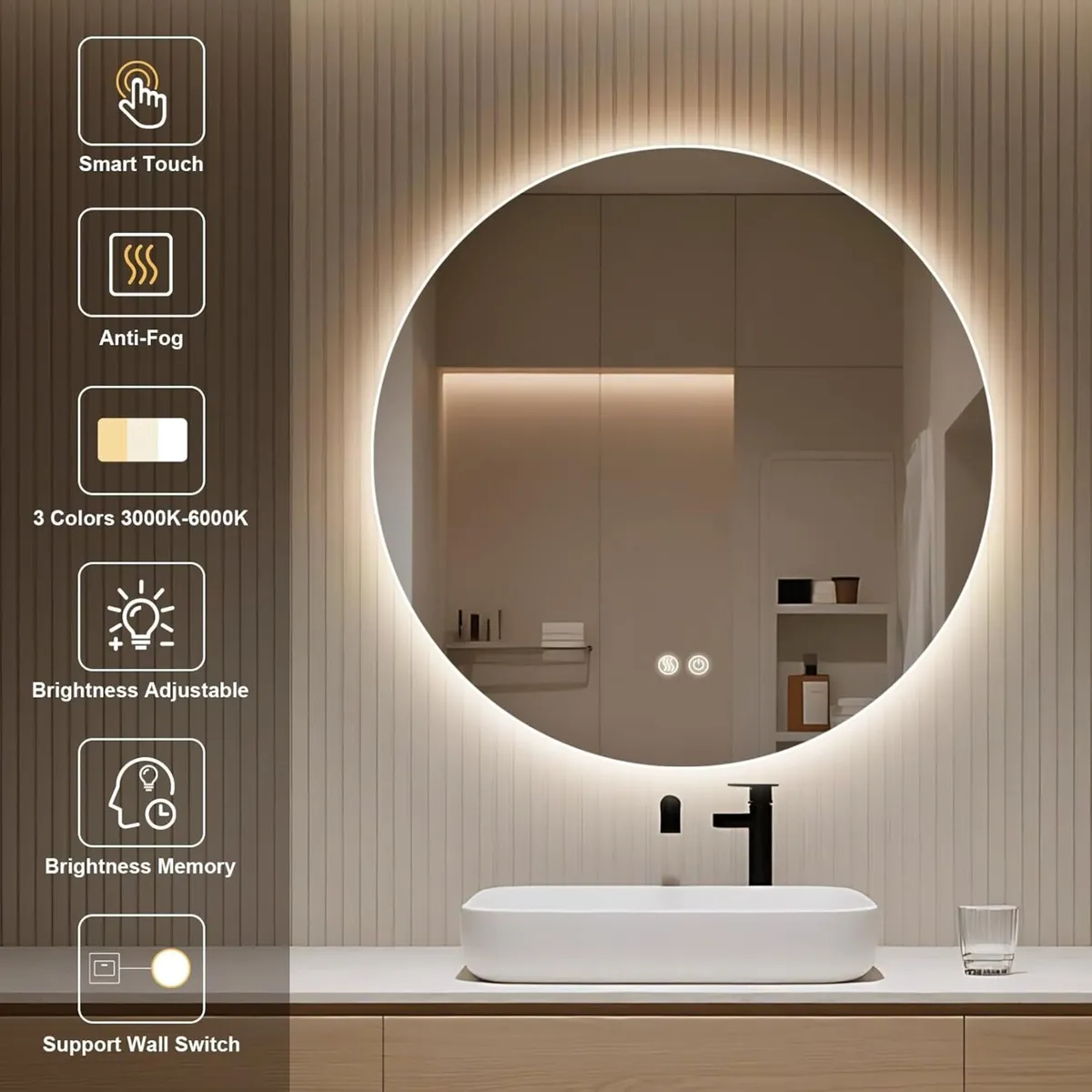 Round Bathroom Mirror with LED Lights 500mm - Image 2
